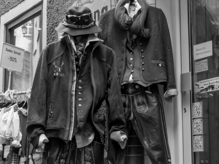 Traditional Austrian costumes hanging outside shop, Austria